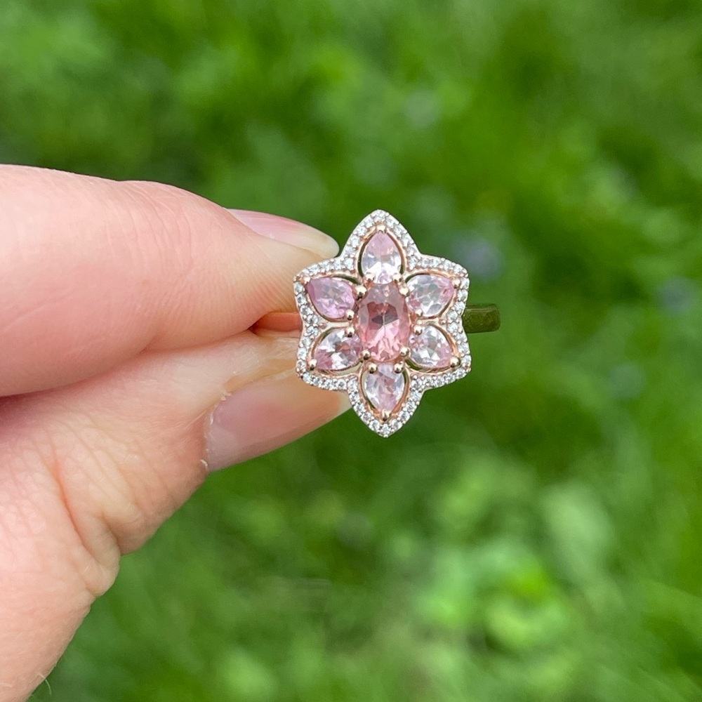 Pink spinel and white zircon floral ring